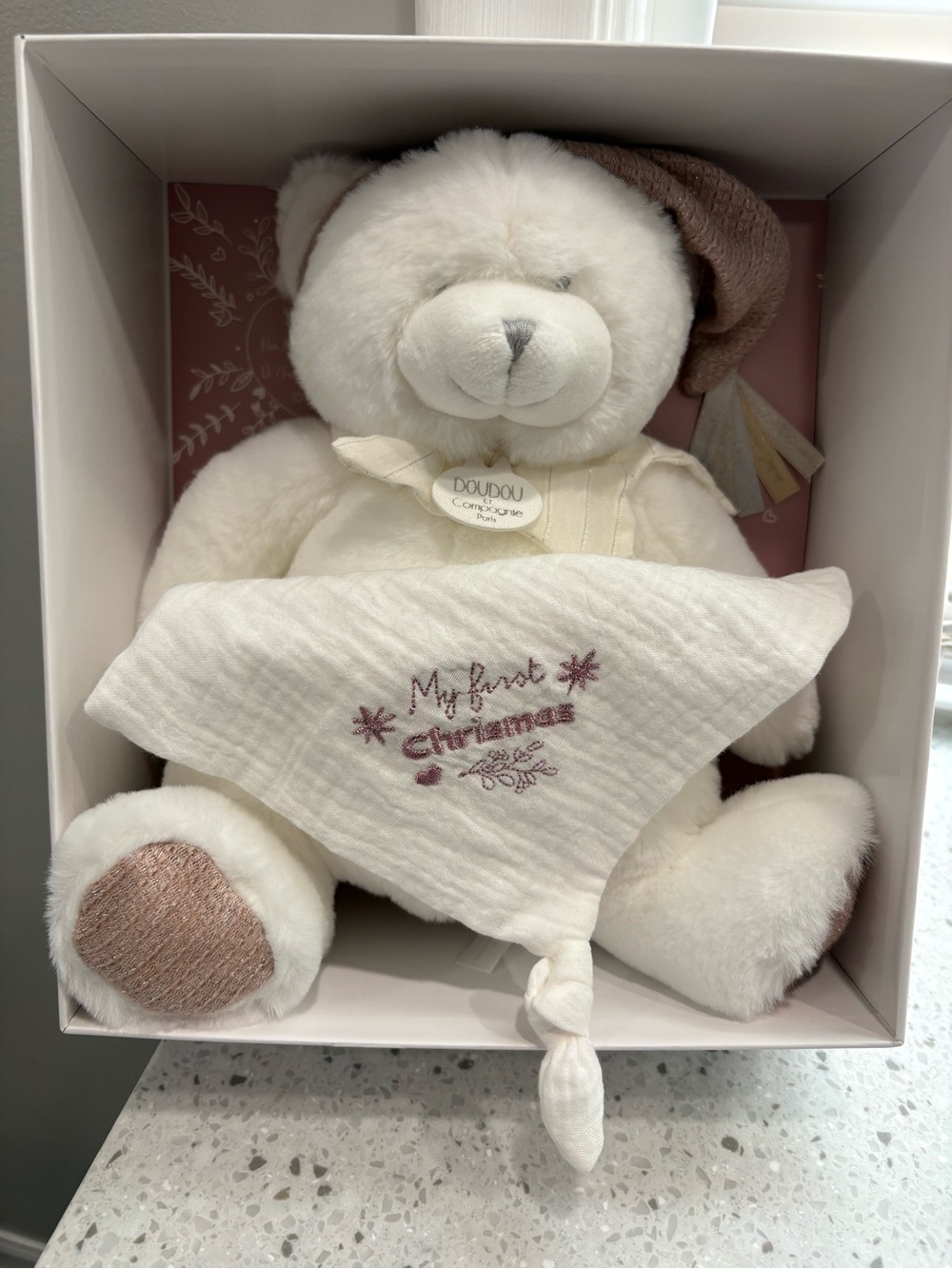 NIB plush cuddly teddy bear from Doudou et Compagnie- My First Christmas Lovey